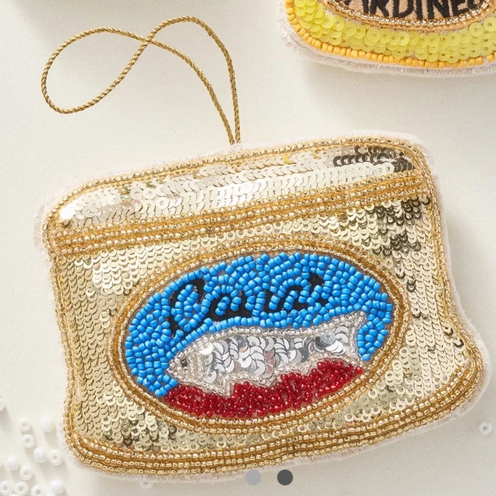 New! Anthropologie Beaded Accoutrement “Caviar” Ornament, Gold and Blue Accent